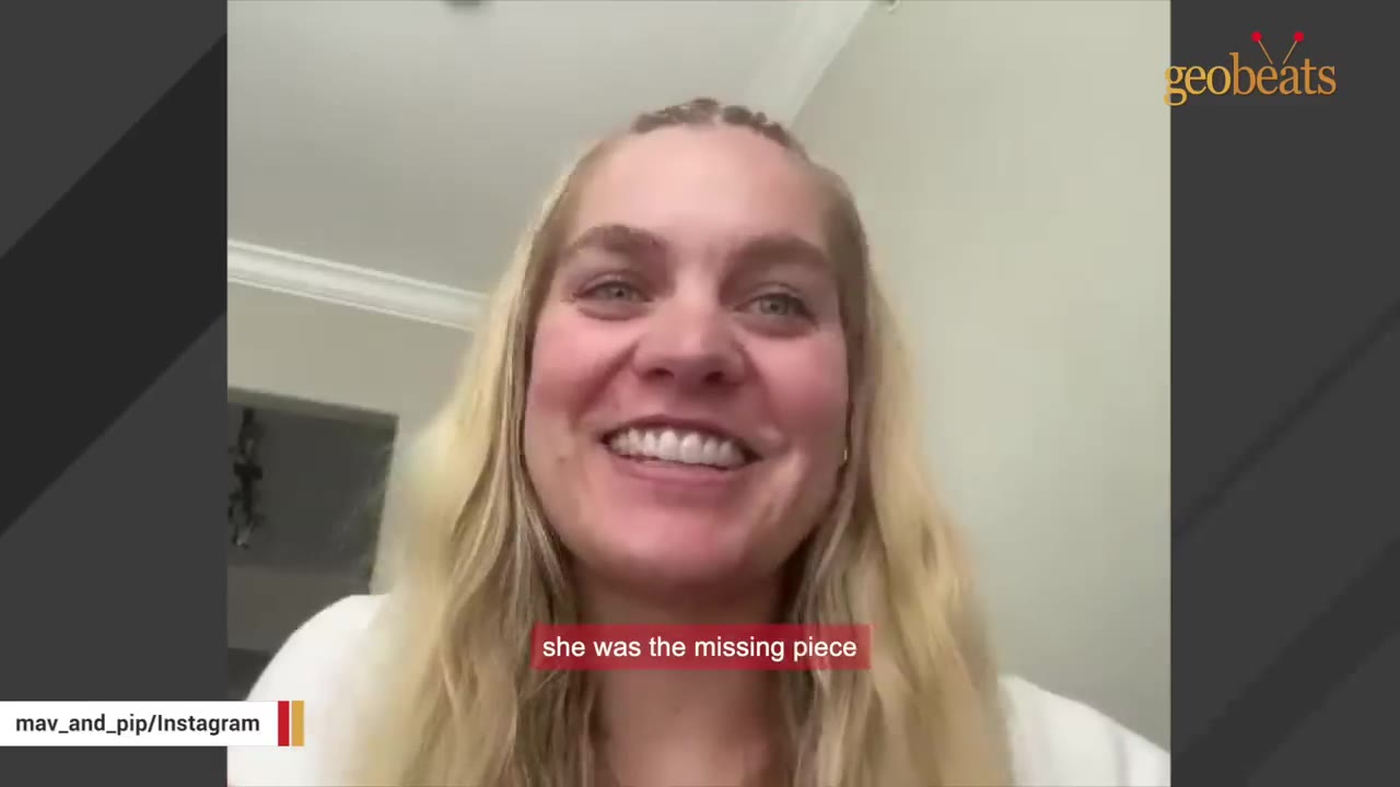 A blonde woman smiling warmly at the camera with a caption that reads 'she was the missing piece'.