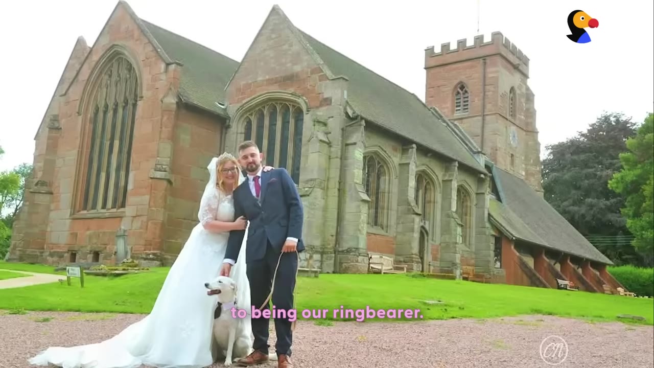 A bride and groom pose outside a stone church with their white dog, who is wearing a black bow tie.