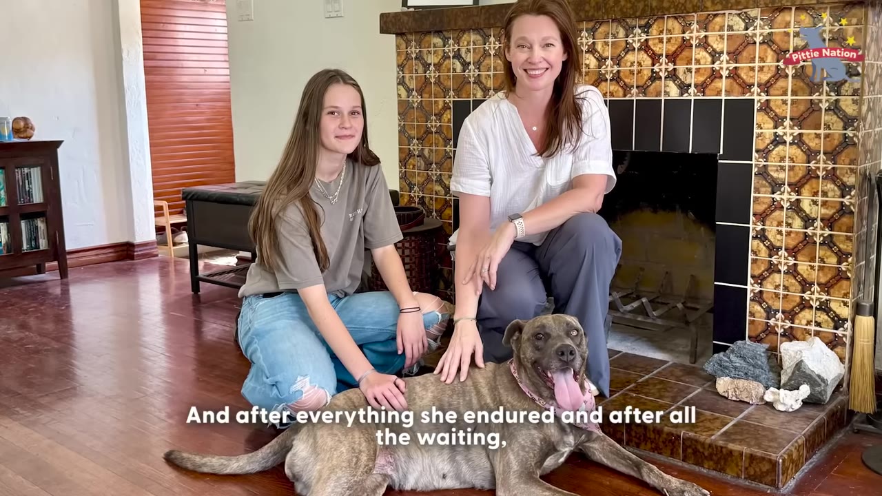 A smiling woman and a young girl sit on the floor in front of a tiled fireplace, posing with a brindle dog lying down in front of them.