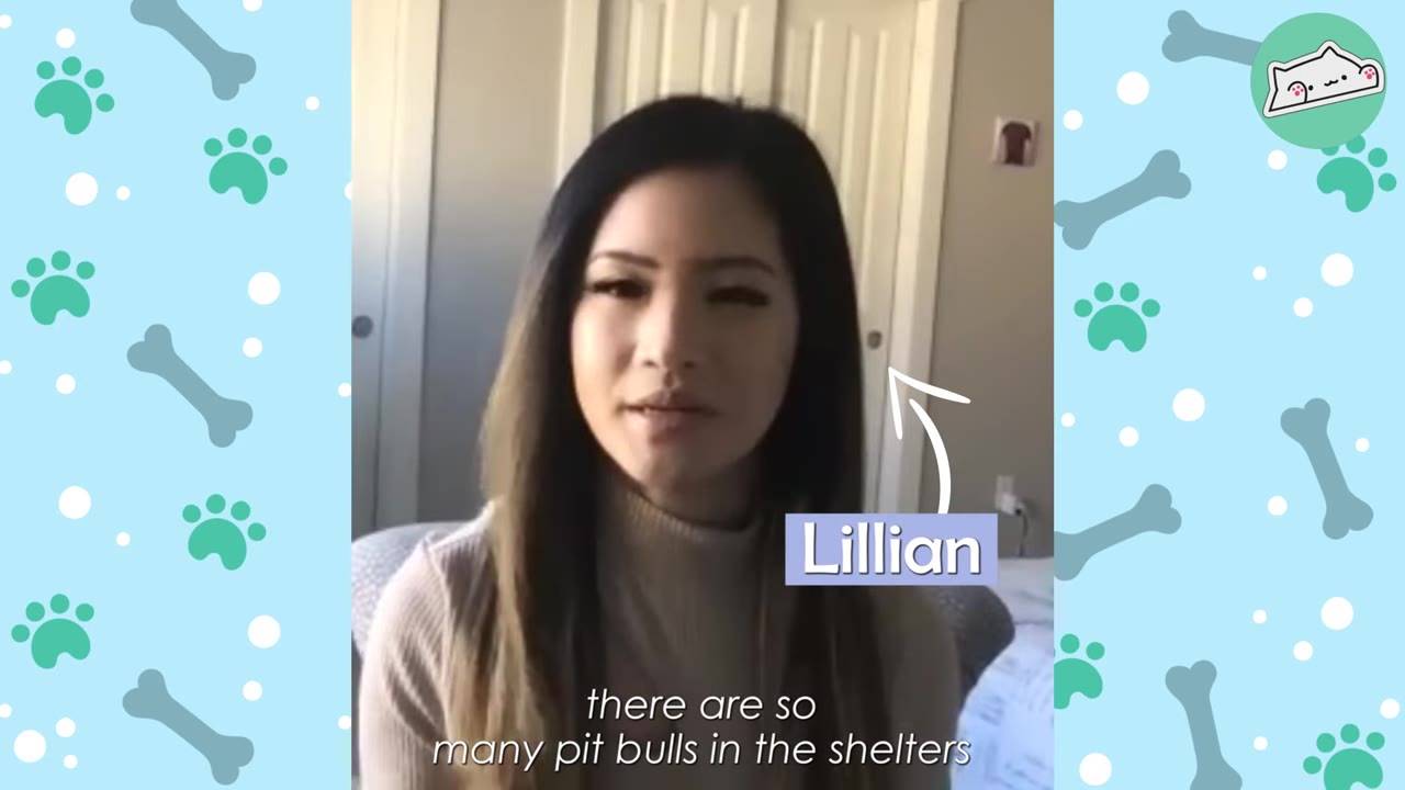 A woman named Lillian with long dark hair, wearing a beige turtleneck sweater, speaks to the camera in front of a light blue background decorated with paw prints and bones.