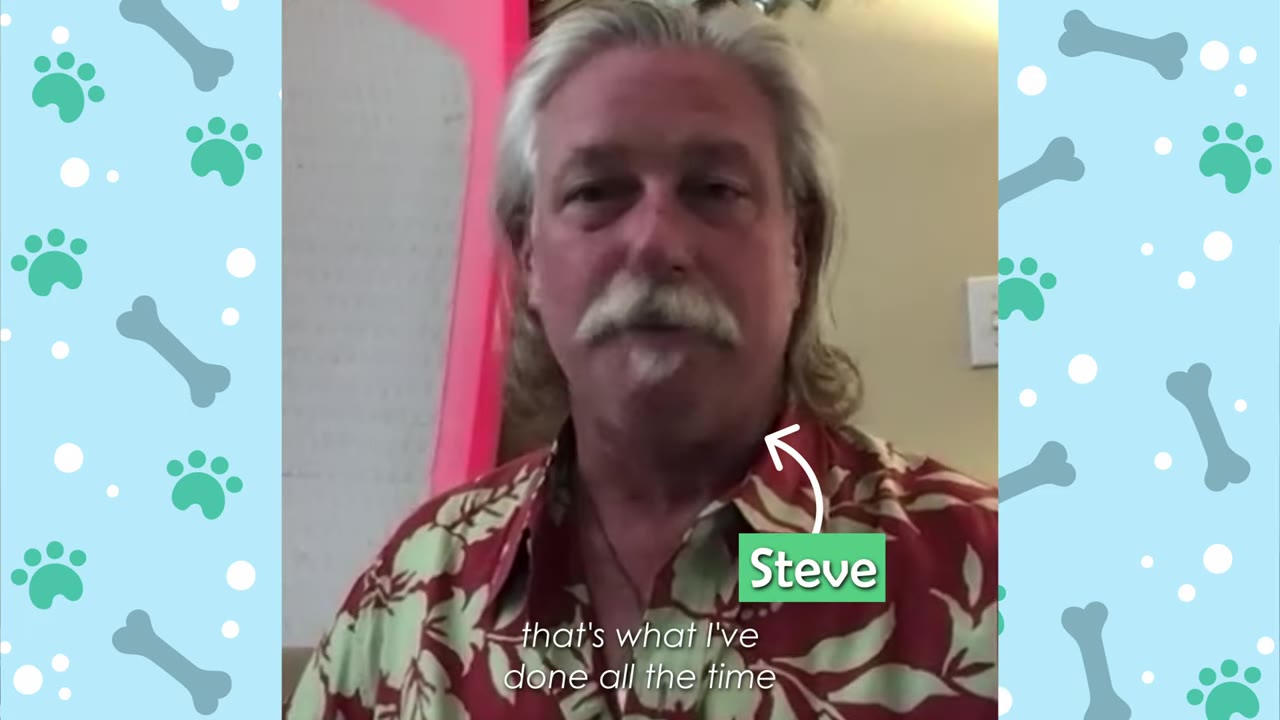 A close-up portrait of a man with long grey hair and a mustache named Steve, wearing a red Hawaiian shirt with green leaf patterns.