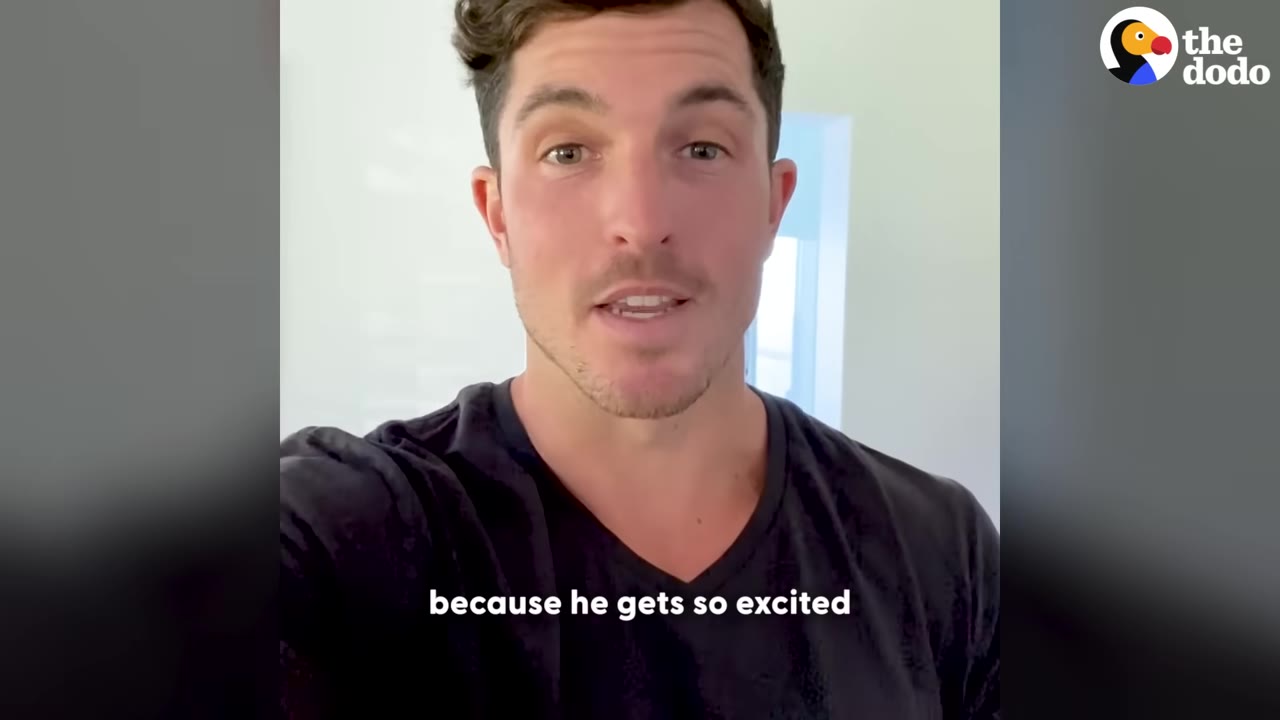 A man in a black t-shirt speaking directly to the camera with the caption 'because he gets so excited' displayed at the bottom.
