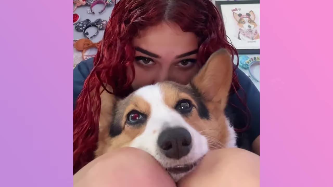 A young woman with red curly hair peers over the head of a Pembroke Welsh Corgi dog, looking directly at the camera with a serious expression.