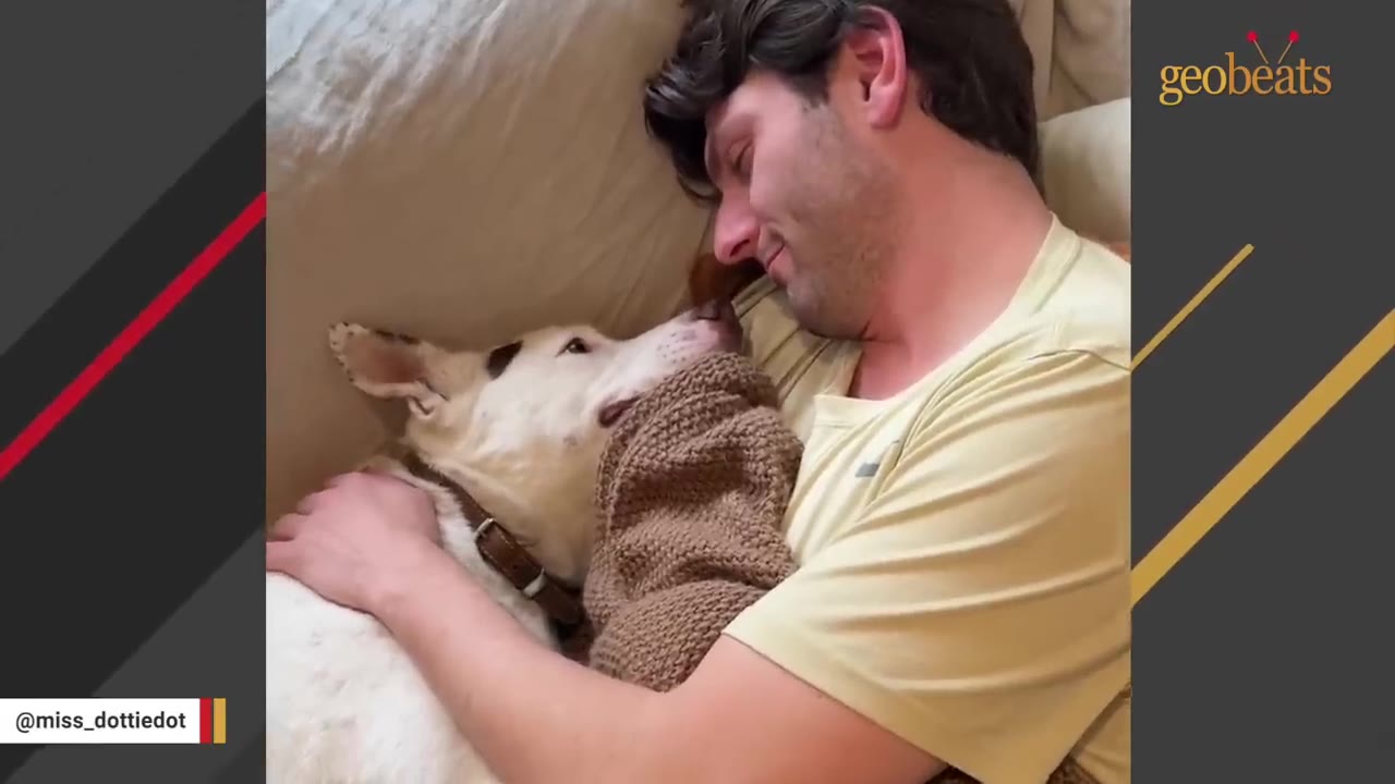 A man cuddles a white dog wrapped in a brown blanket on a couch.
