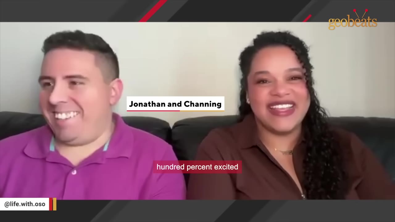 Jonathan and Channing smiling during an interview, with a subtitle that reads 'hundred percent excited'.