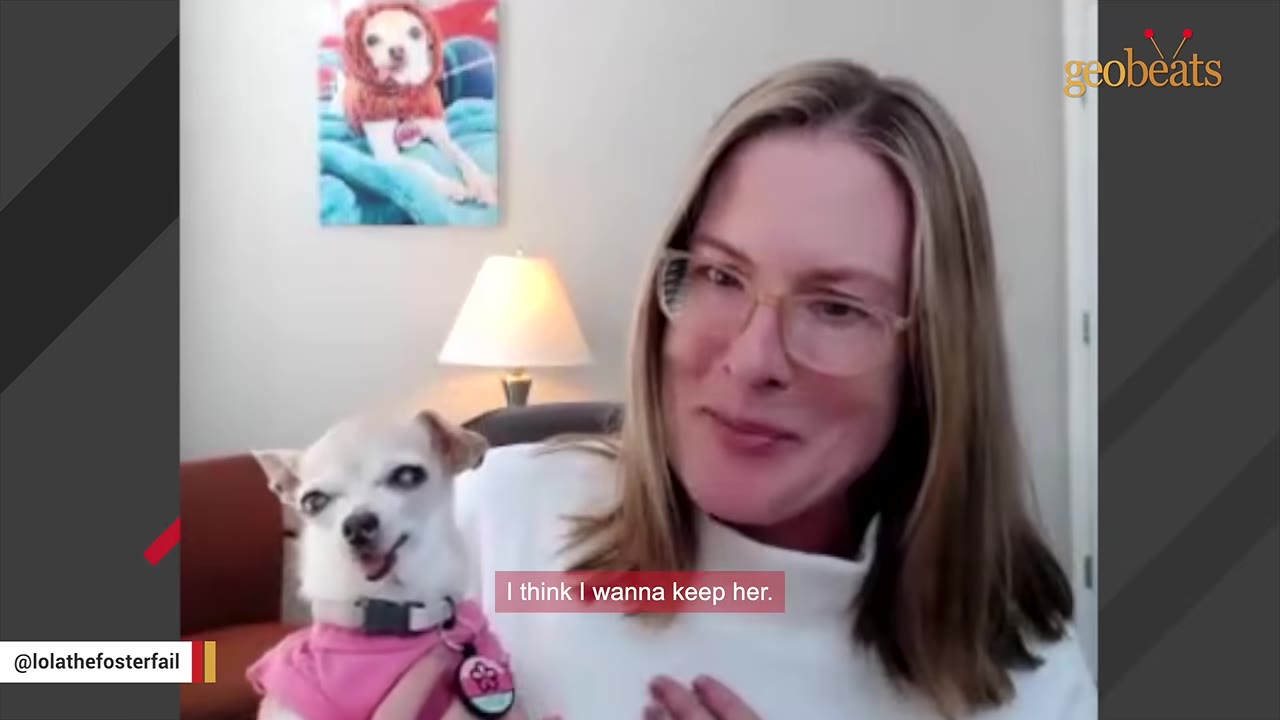 A woman with glasses and light brown hair smiles while holding a small white chihuahua wearing a pink shirt.