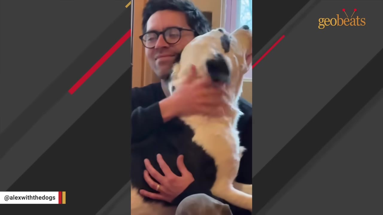 A smiling man wearing glasses hugs a black and white dog close to his chest.