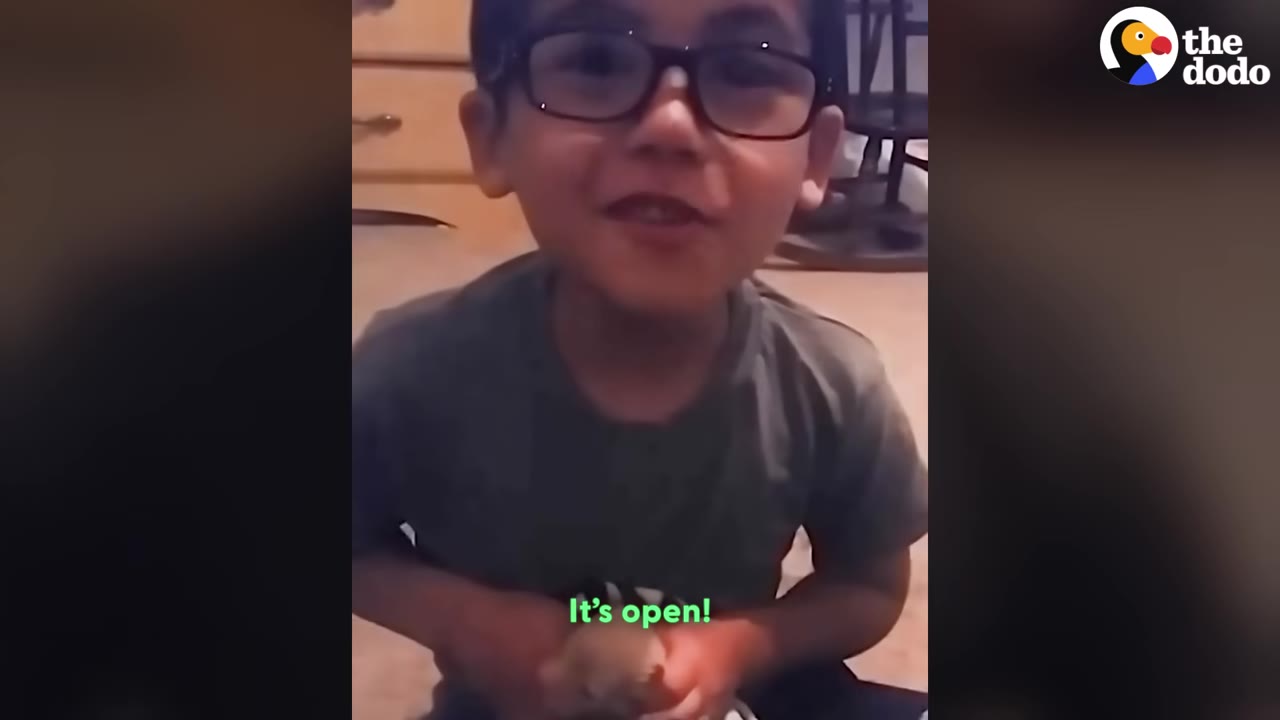 A young boy wearing glasses smiles joyfully at the camera while holding a small puppy in his hands, with the subtitle 'It's open!' on the screen.