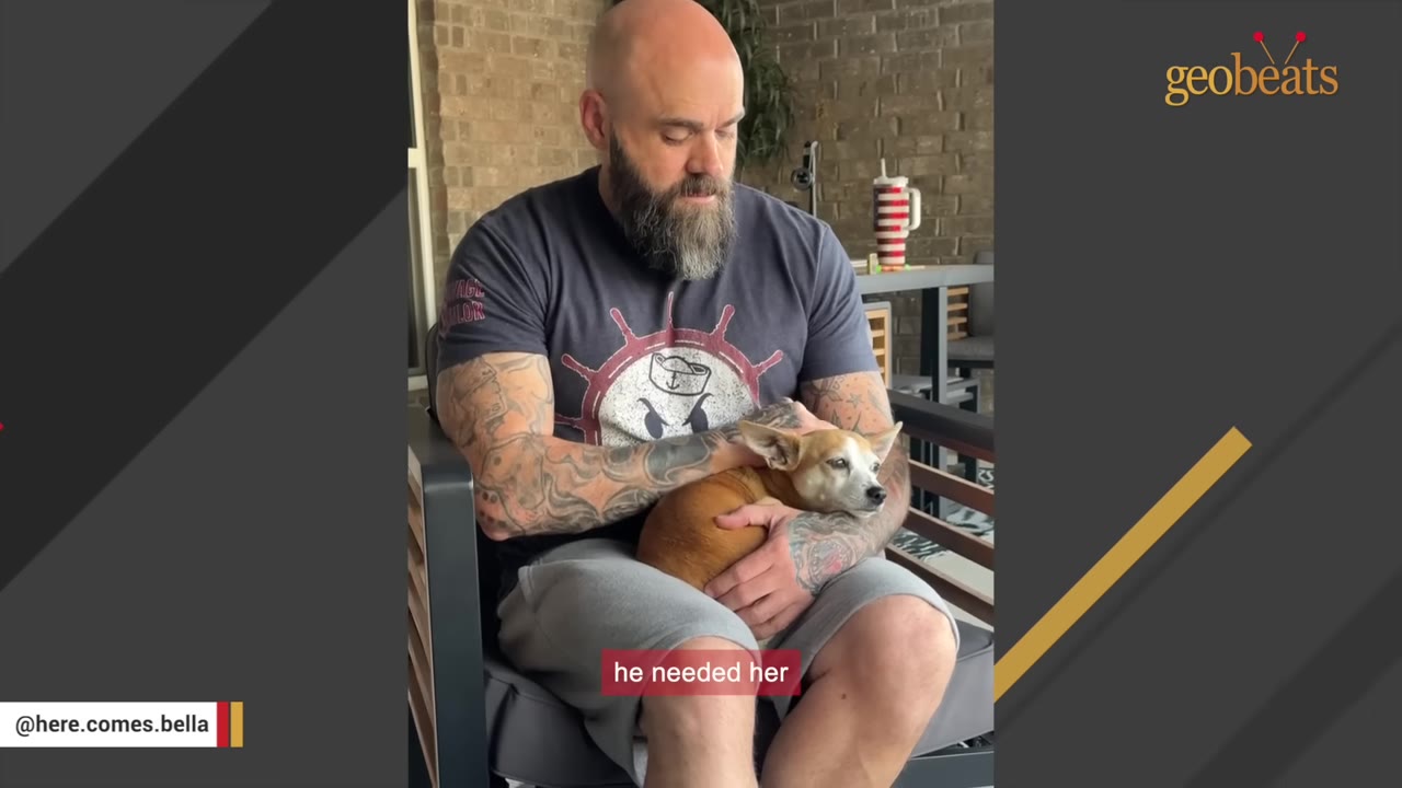 A bearded man with tattoos sits in an outdoor chair, cradling a small tan and white dog in his lap with a somber expression.