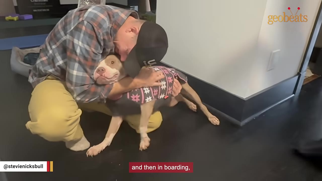 A man wearing a plaid shirt and a black cap crouches down to hug a light-colored dog wearing a pink and grey patterned sweater.