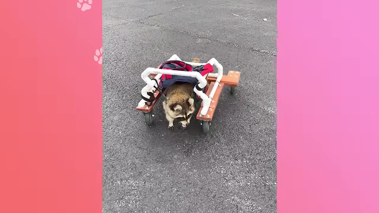 A raccoon named Boone using a custom-built wheeled mobility cart made of PVC pipes and wood on an asphalt surface.