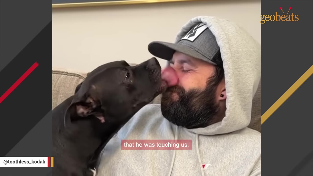 A black dog affectionately licks the nose of a bearded man wearing a grey hoodie and baseball cap.