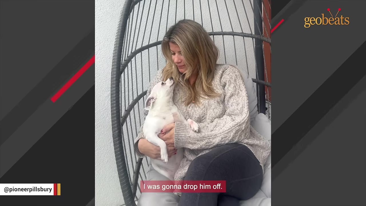 A woman with blonde hair sits in a hanging wicker chair, holding a small white dog in her lap and looking down at him affectionately.