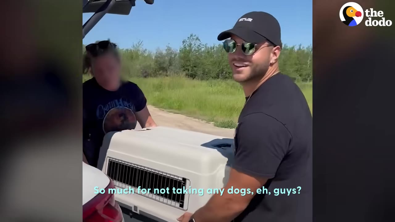 A smiling man wearing a black cap and sunglasses carries a large plastic pet crate with another person, with a subtitle reading, 'So much for not taking any dogs, eh, guys?'
