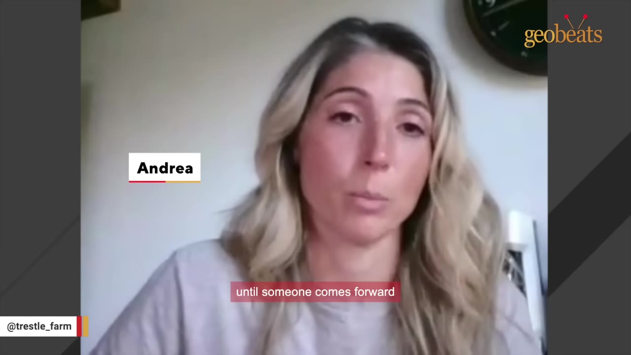 A woman named Andrea speaking to the camera, with a subtitle that reads 'until someone comes forward'.