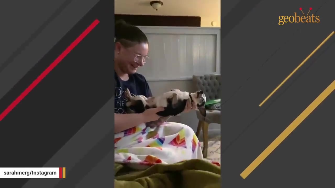 A woman wearing glasses sits in a living room, smiling as she cradles a small black and white dog on its back in her lap.
