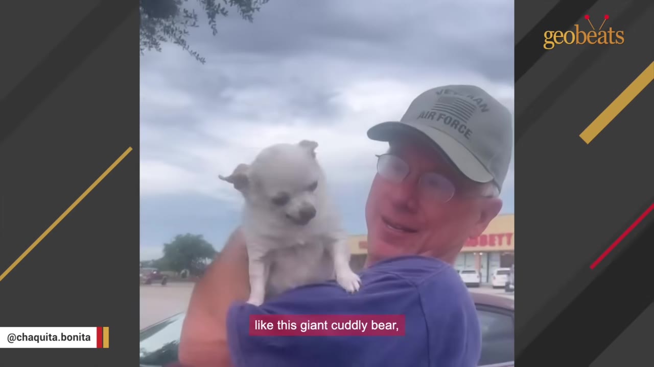 A man wearing an Air Force cap and glasses holding a small white Chihuahua dog in his arms.