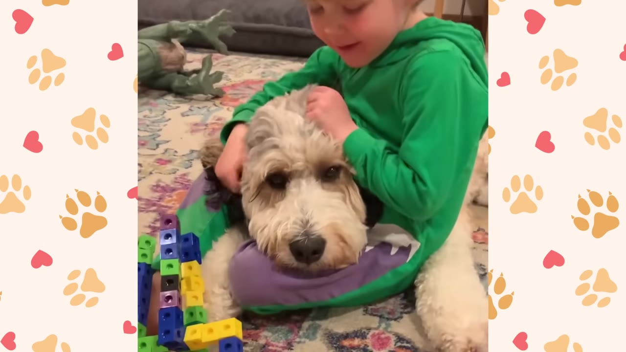 A fluffy dog rests its head on a child's lap while being gently petted indoors.