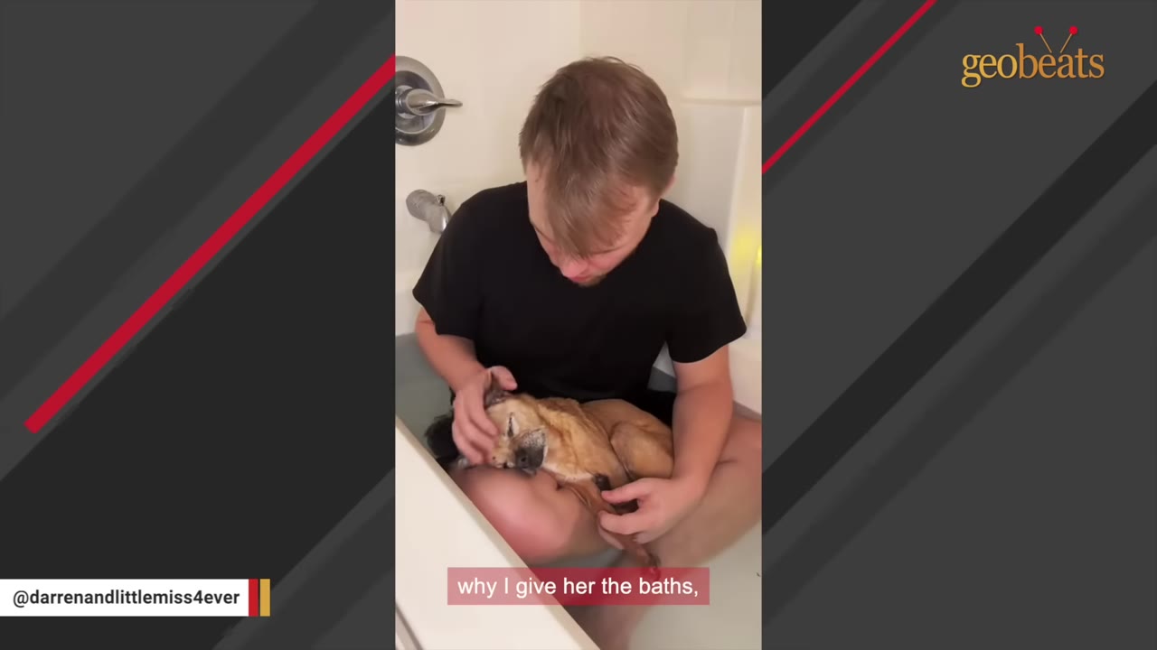 A man sitting in a bathtub gently cradles and strokes a small, wet brown dog resting on his lap.
