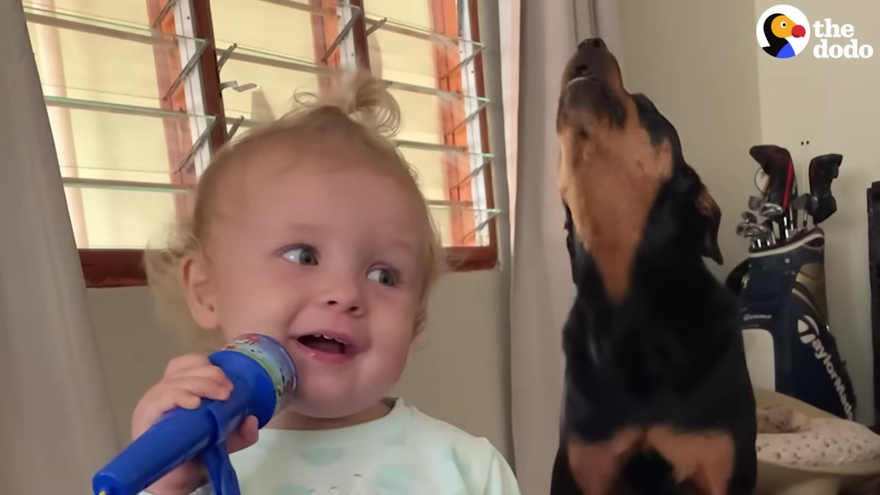 A smiling toddler girl holds a blue toy microphone while a black and tan dog next to her throws its head back to howl.