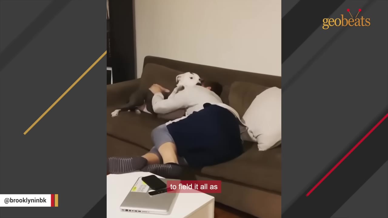 A person lying on a brown couch cuddling with a white dog.