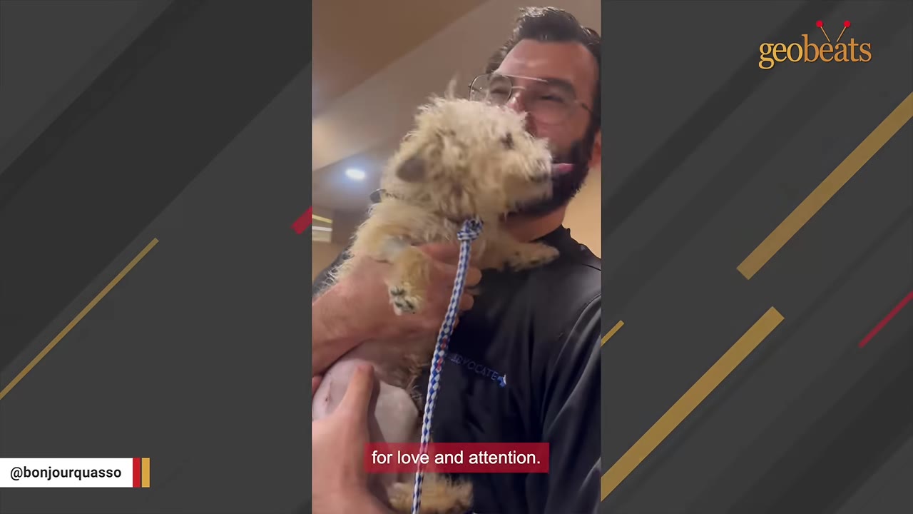A man wearing glasses smiles as he holds a small, scruffy light-colored dog that is licking his chin.