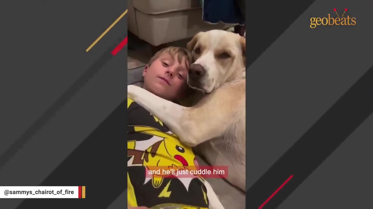 A young boy lies on the floor wearing a yellow Pikachu shirt, cuddling closely with a light-colored dog who has its paw draped over him.