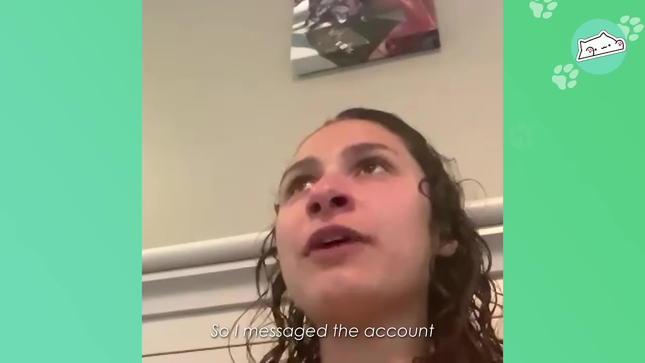 A close-up of a woman with curly hair speaking, with the subtitle 'So I messaged the account' displayed at the bottom.