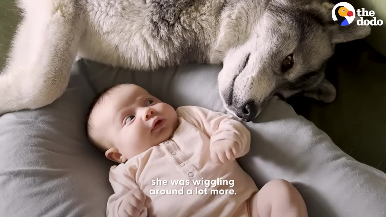 A baby in a light pink onesie lies on a grey cushion next to a large grey and white dog looking down at her.