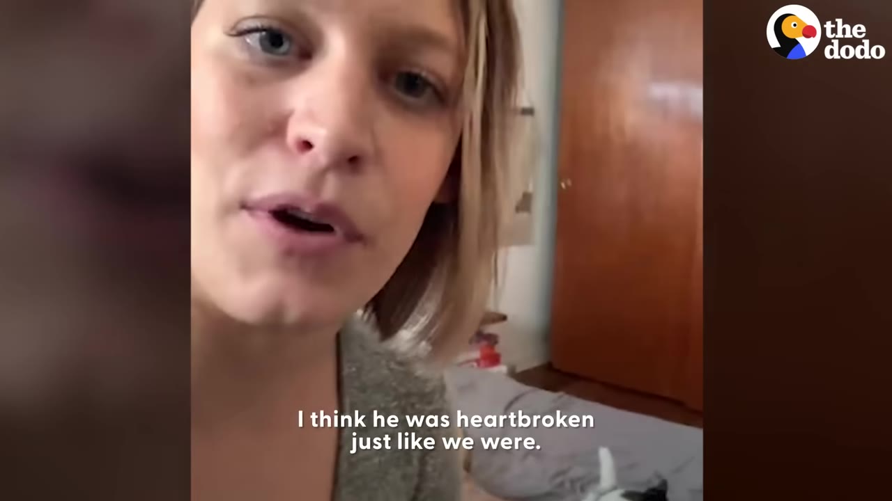 A close-up of a woman with short blonde hair speaking to the camera, with subtitles reading 'I think he was heartbroken just like we were.'