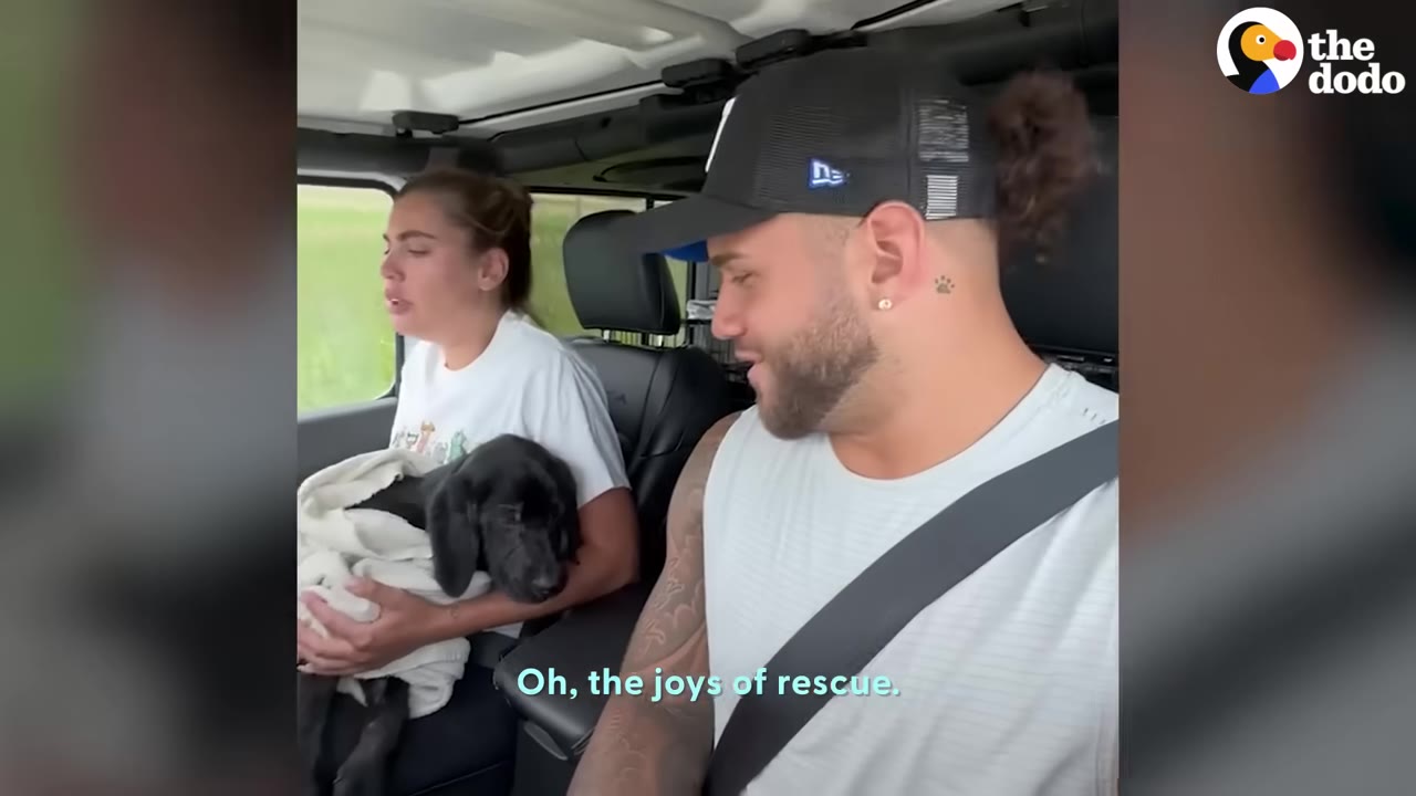 A man wearing a black baseball cap and a white tank top smiles while driving a car, as a woman sits in the passenger seat holding a black puppy wrapped in a white towel.
