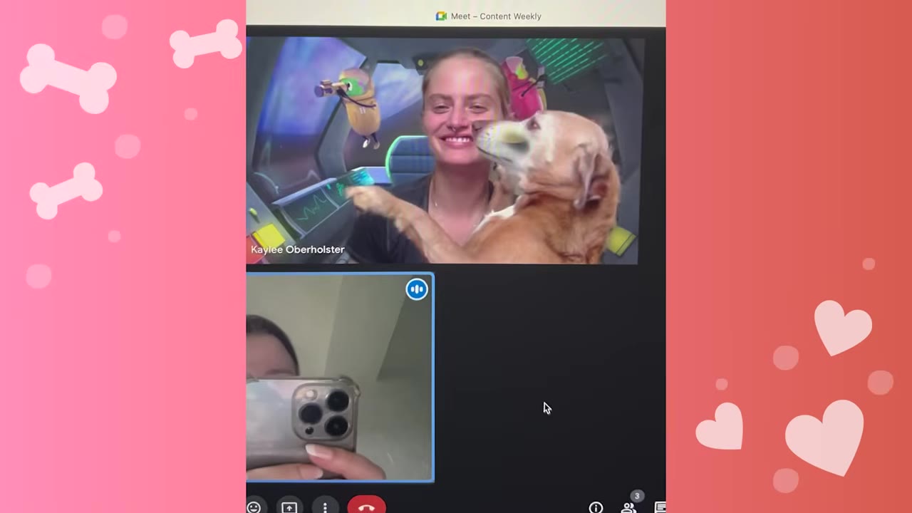 A screenshot of an online video meeting showing a woman smiling as her brown and white dog leans in close to her face.