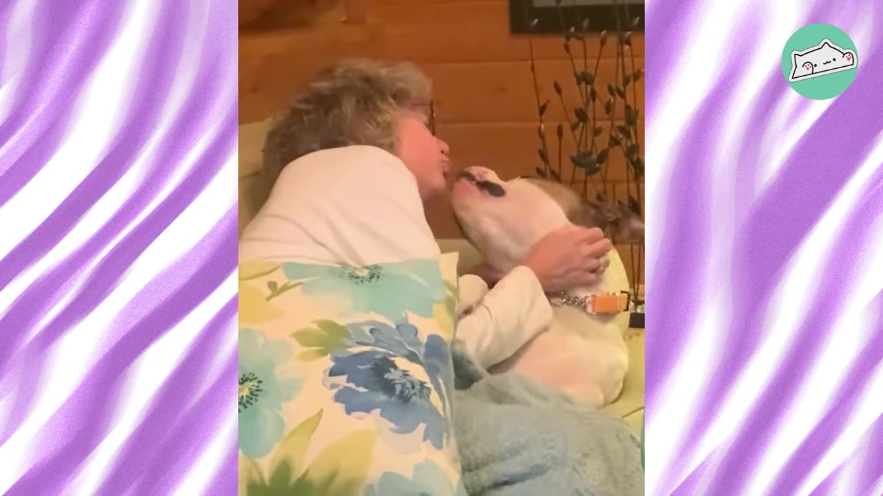 An older woman with short blonde hair leans in to kiss a brown and white dog on the nose while cuddling in bed.