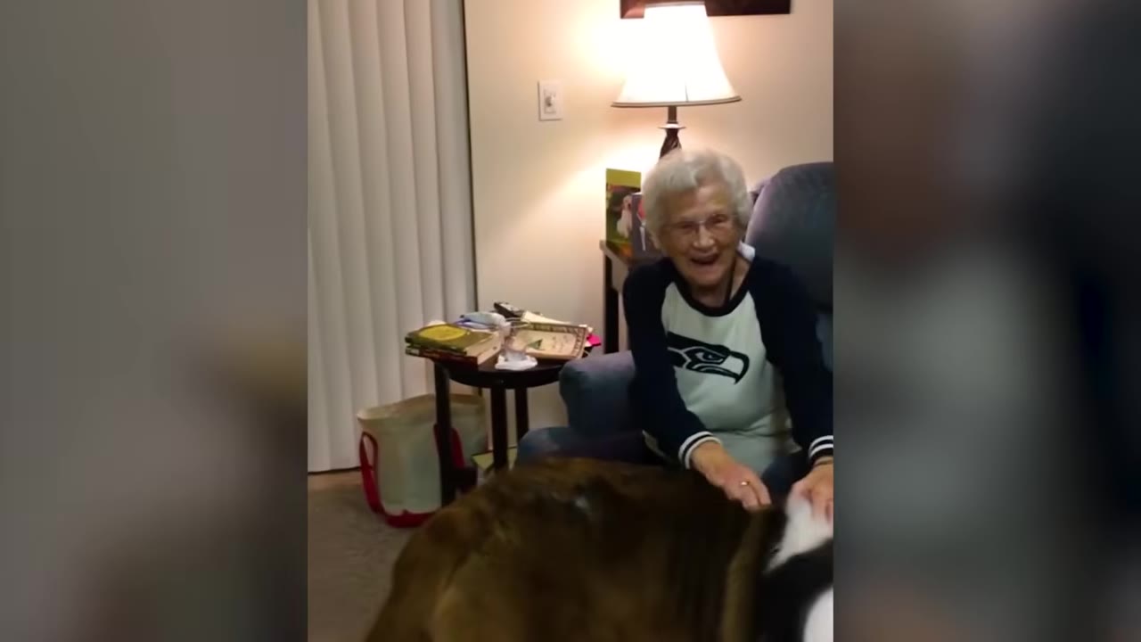 An elderly woman with white hair and glasses smiles warmly as she sits in an armchair and pets a large brown and white dog.