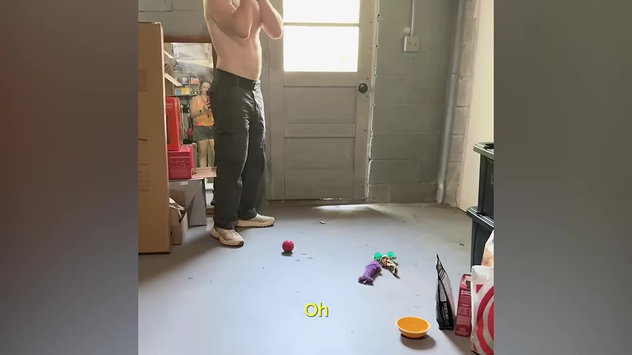 A shirtless man in dark pants stands inside a room near a closed door, looking down at dog toys on the floor, while a woman is visible in a mirror reflection in the background.