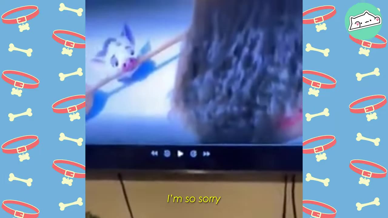 A dog's head seen from behind as it sits close to a television screen displaying an animated movie.