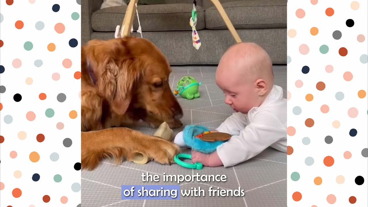 A golden retriever and a baby lying on a play mat, interacting with toys together.