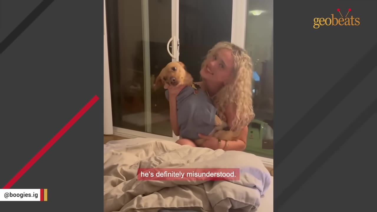 A smiling young woman with curly blonde hair holds a small brown dog wearing a blue sweater while sitting on a bed.
