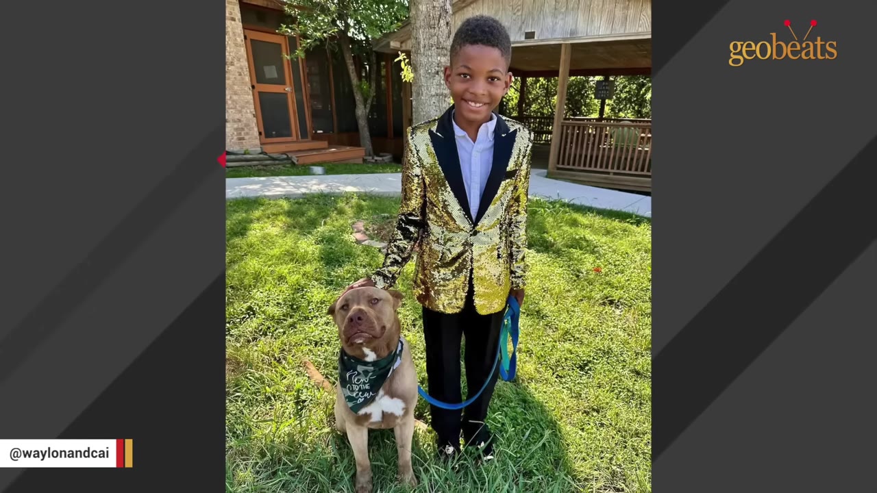 A smiling young boy wearing a gold sequined jacket stands on a grassy lawn with his hand resting on the head of a brown and white dog wearing a green bandana.