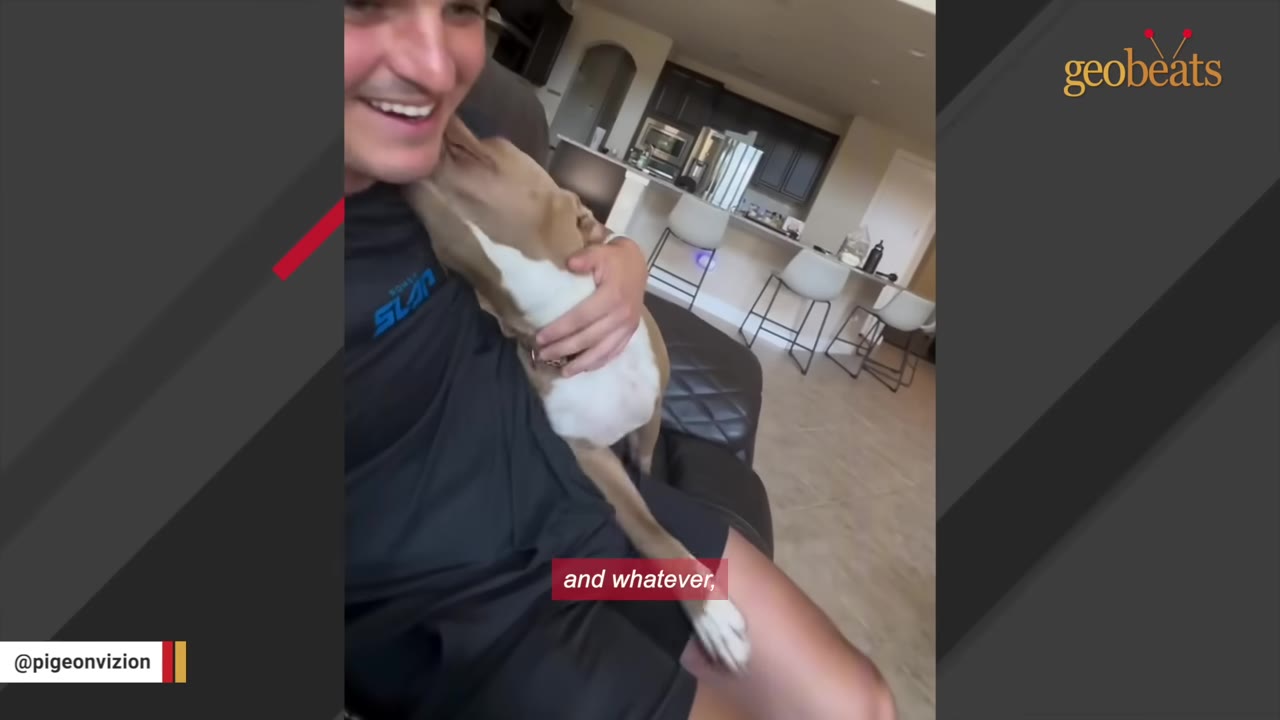A light brown and white dog cuddles and licks the neck of a smiling man sitting on a couch.