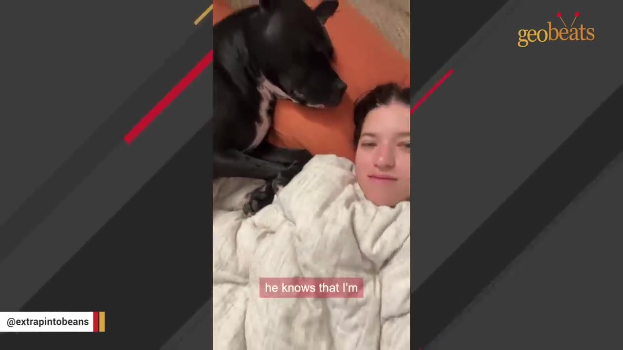 A black dog lies on an orange pillow in bed next to a smiling woman who is tucked under a white blanket.