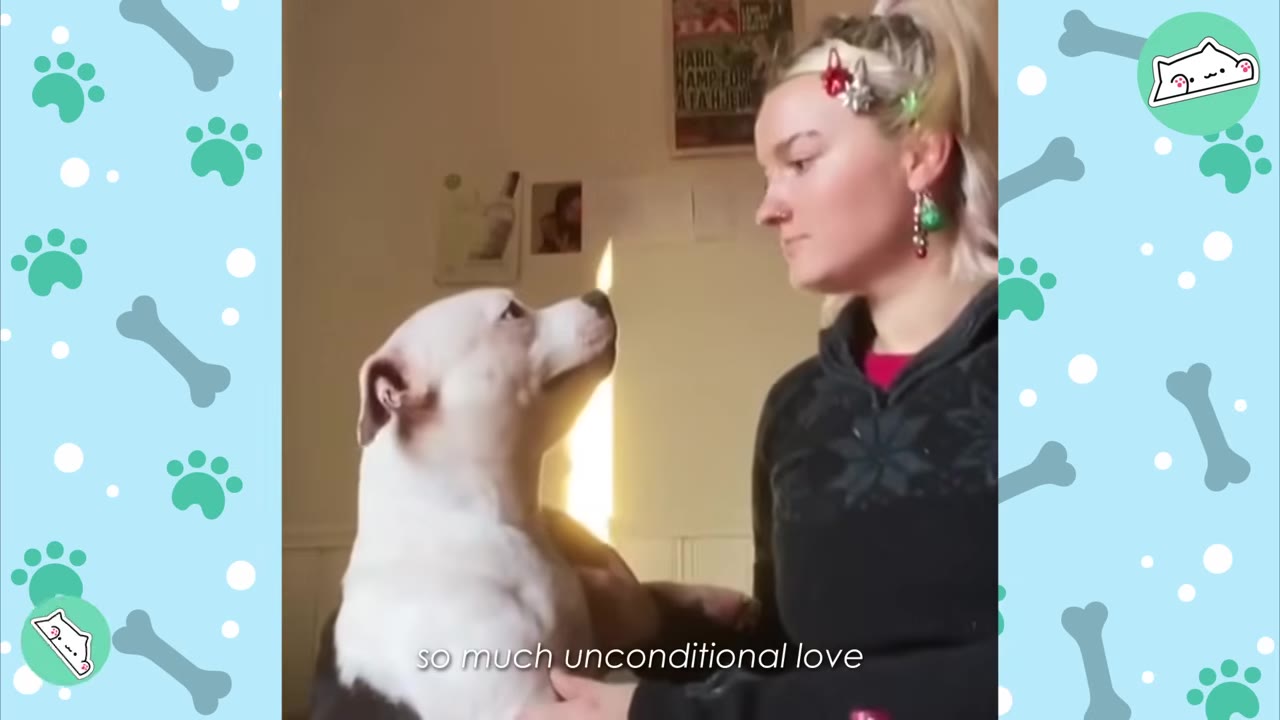 A woman with blonde hair looks lovingly at her white Staffordshire Bull Terrier dog, who gazes back up at her.