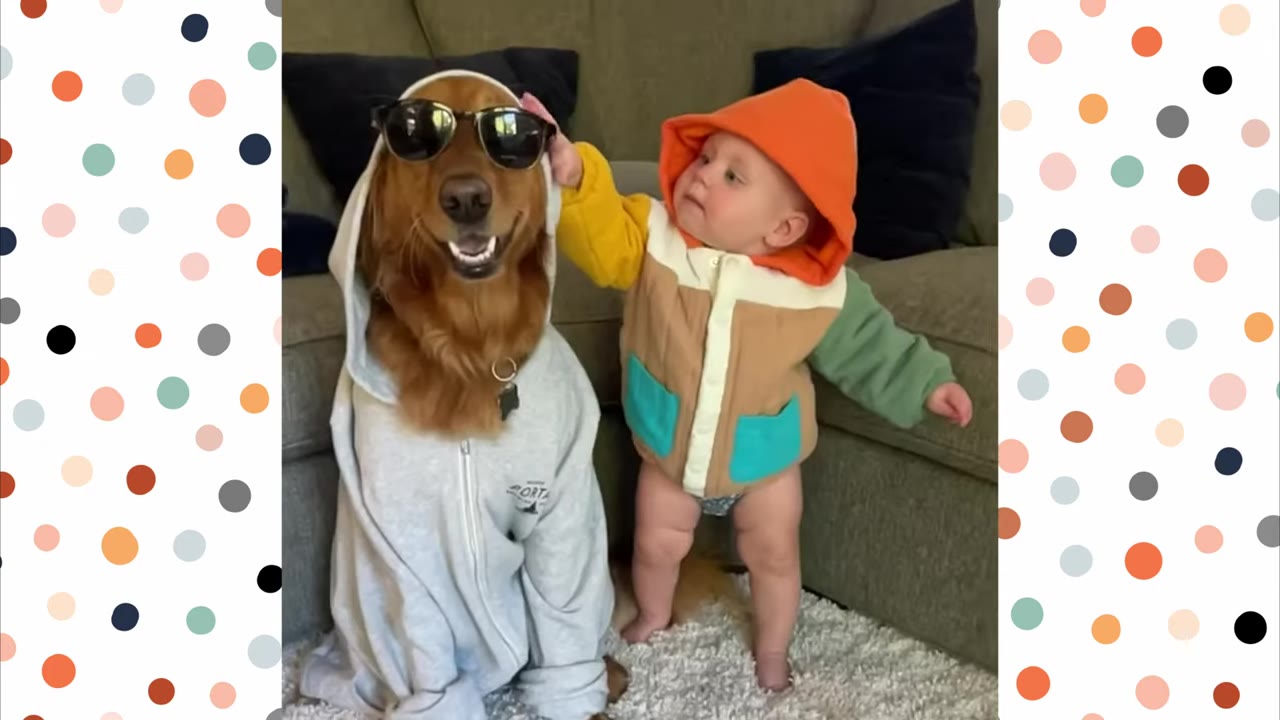 A baby in a colorful hooded jacket stands next to a golden retriever wearing a grey hoodie and sunglasses, gently touching the dog's head.