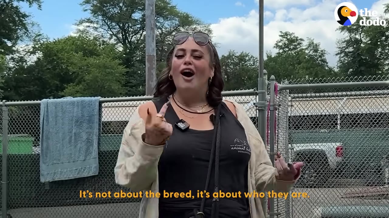 A woman with sunglasses on her head speaks passionately outdoors in front of a chain-link fence, with the caption 'It's not about the breed, it's about who they are.'