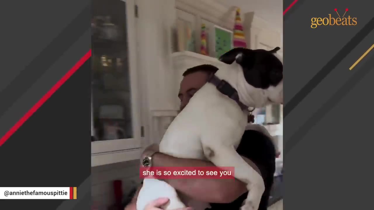 A man holding a black and white dog in his arms inside a kitchen.