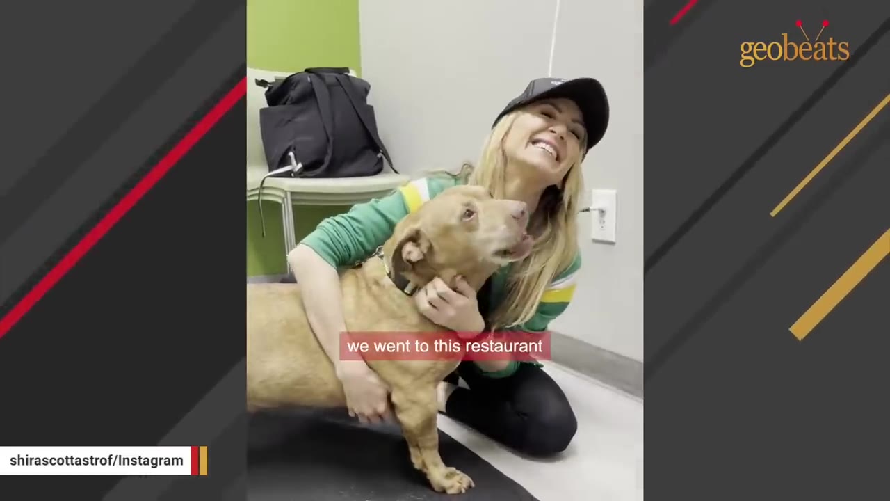A smiling woman wearing a black cap hugs a tan dog who is looking up happily.