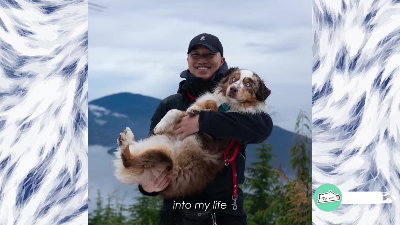 A smiling man wearing a black cap and jacket holds a fluffy Australian Shepherd dog in his arms outdoors, with mountains and trees in the background.
