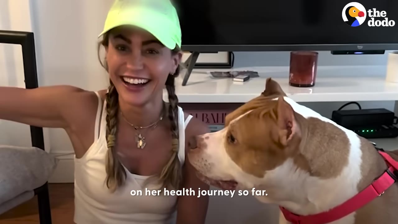 A smiling woman wearing a neon green cap and white tank top sits next to a brown and white pit bull-type dog wearing a pink harness.