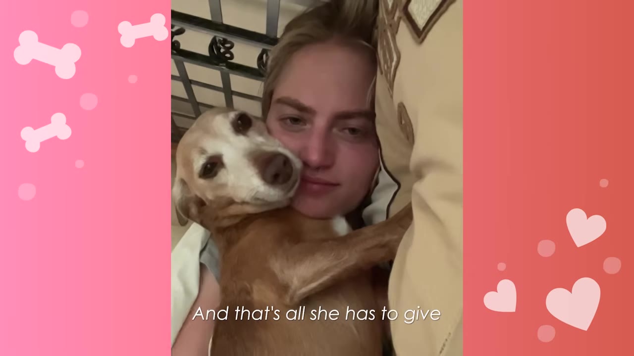 A woman cuddling a brown and white dog close to her face while lying down.