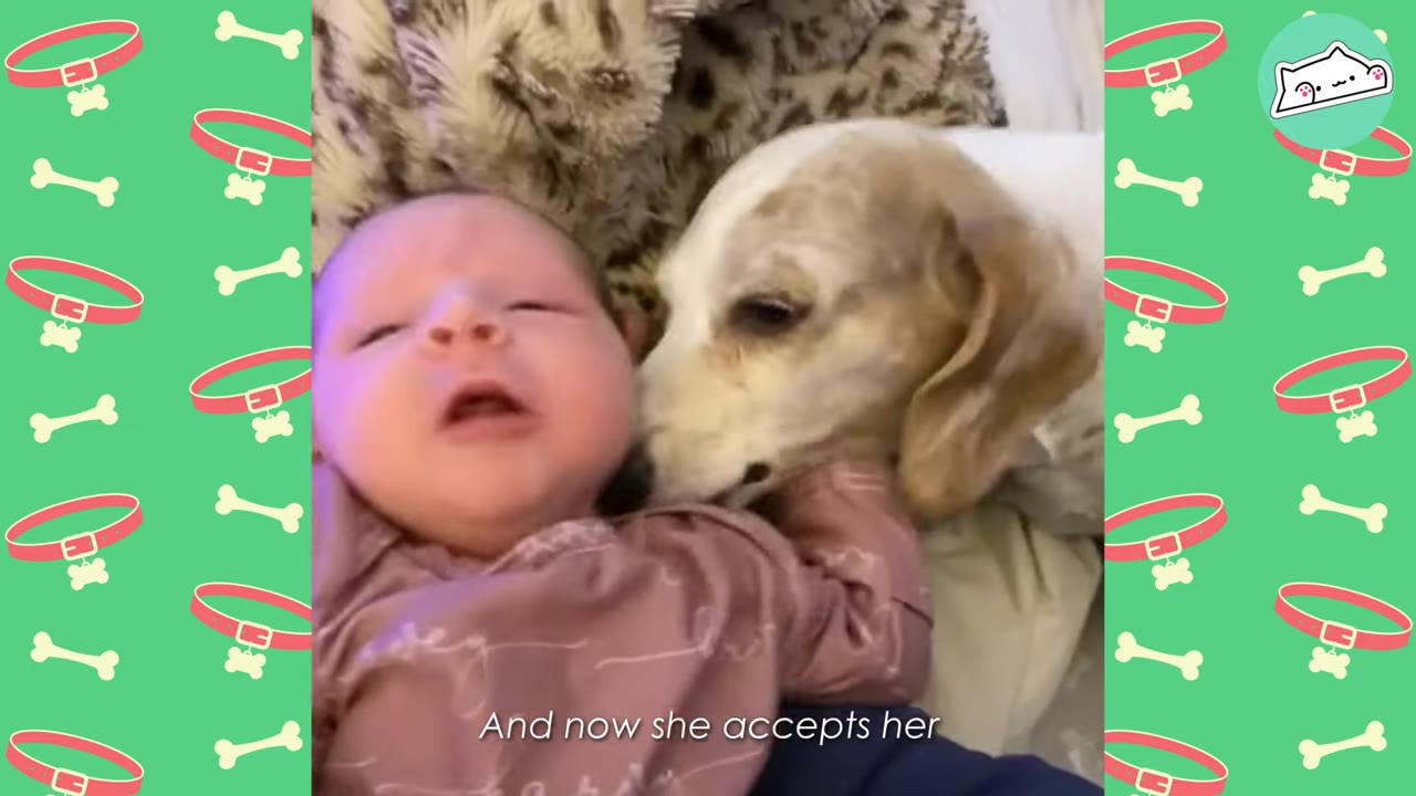 A small dog gently nuzzles a baby lying on its back.